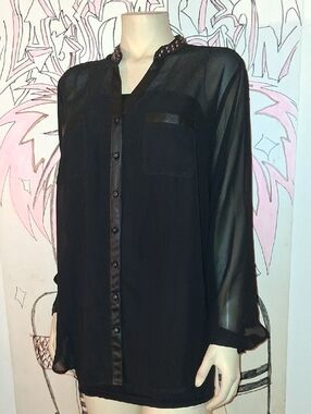 Torrid Black Sheer Long-Sleeve Button Down Shirt with Studded Collar